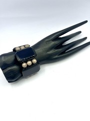 Vintage Chunky Black Stone Gemstone Silver Bead Wide Bracelet RO-DO NOS Saks