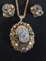 Vintage W Germany Black Cameo Necklace & Clip Earrings Filigree Parure Set