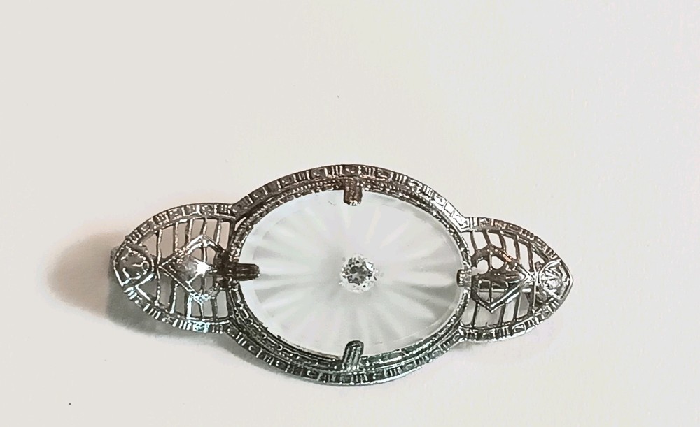 Antique Vtg Camphor Glass Brooch Bar Pin Oval Filigree Silver Tone