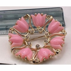 VTG Kramer Signed Brooch Pink Thermoset Tulip Wreath Clear Rhinestones 2.25in