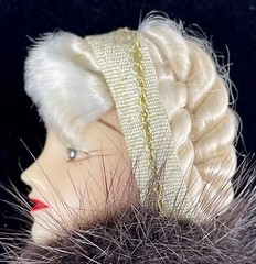 1980s Vintage Brooch Lady with Blonde Braid Bangs Headband and Brown Fur Collar