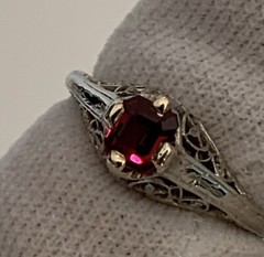 Art Deco Belais 18k White Gold Filigree Ring w/ Ruby – Appraised $2,650