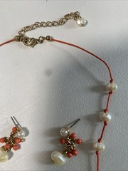 Vintage~GLASS Woman’s Coral and Natural PEARL Bead Necklace/Earrings Set