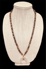 Estate 1970s Boho Beaded Necklace Hippie Moon Pendant-Tigers Eye & Agate-24”