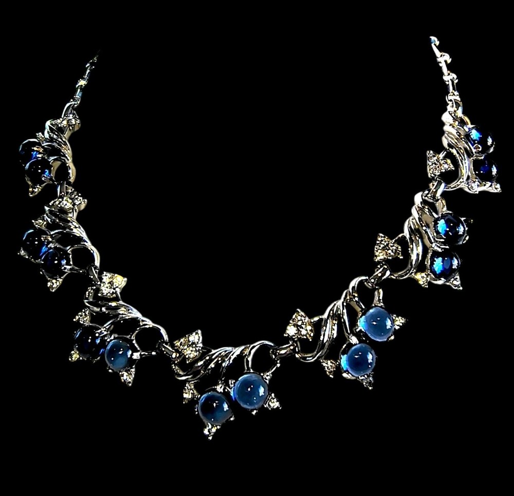 Vintage Blueberry Tutti Fruitti Cabochon & Clear Rhinetone Necklace Silver Toned