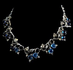 Vintage Blueberry Tutti Fruitti Cabochon & Clear Rhinetone Necklace Silver Toned