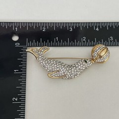 Vintage Clear Rhinestone Green Eyed Seal With Ball Gold Tone Animal Brooch Pin