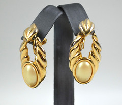 Vtg Gold Tone Clip On Twist Earrings w/ Faux Pearl Dangle Door Knocker 1.75″