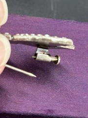Art Deco Bow Silvertone Clear Rhinestones Enamel Antique Trombone Clasp Brooch