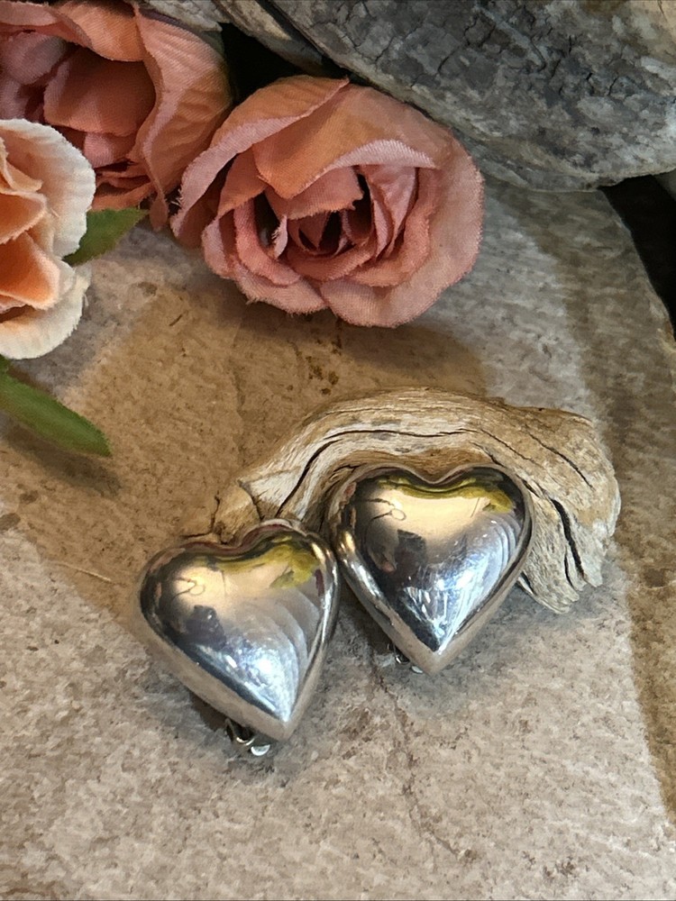 50. Vintage Taxco 925 Sterling Domed HEART Clip On Earrings 24mm, 15g