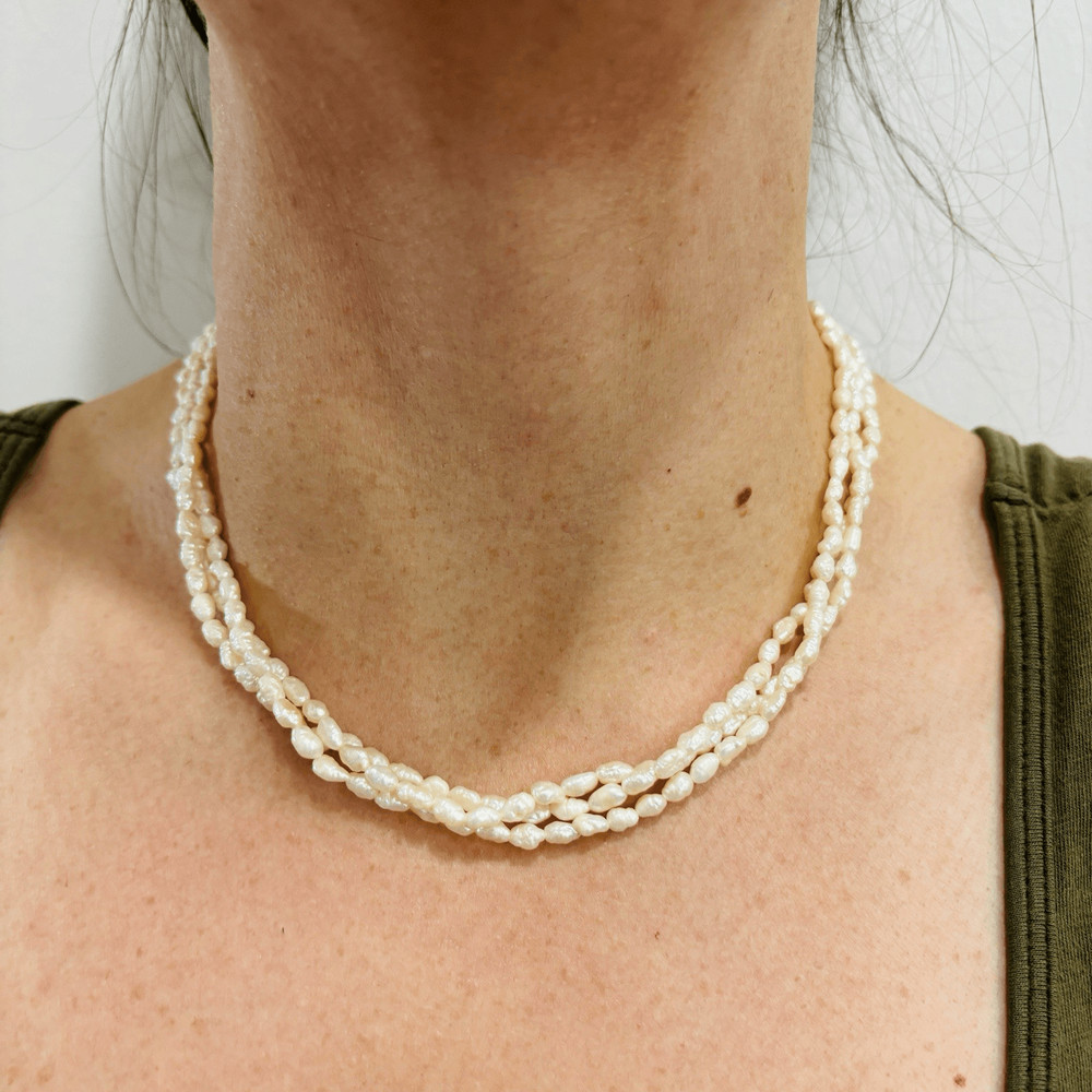 Vtg Genuine Fresh Water Rice Pearls Multi-strand Necklace Silver Stamped Clasp