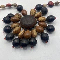 Vintage Handmade Wood Seed Beaded Flower Statement Necklace Buckeye Acorn 26in