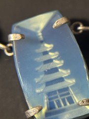 Vintage Japan Silver Pagoda Reverse Carved Opaline Glass Necklace