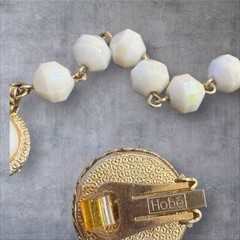 Vintage Hobe Signed Necklace Earrings Set Iridescent Cabochons Jewelry Estate
