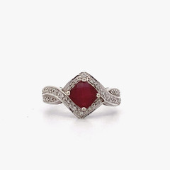 14K White Gold Pink Red Tourmaline Square Checkerboard Cut Diamond Ring Size 7
