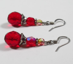 Vintage Red Faceted Bead Dangle Earrings Silver Tone Hook