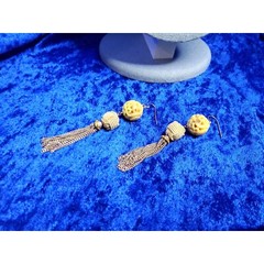vintage gold tone swirl acrylic ball and waxed cord metal tassel dangle earrings