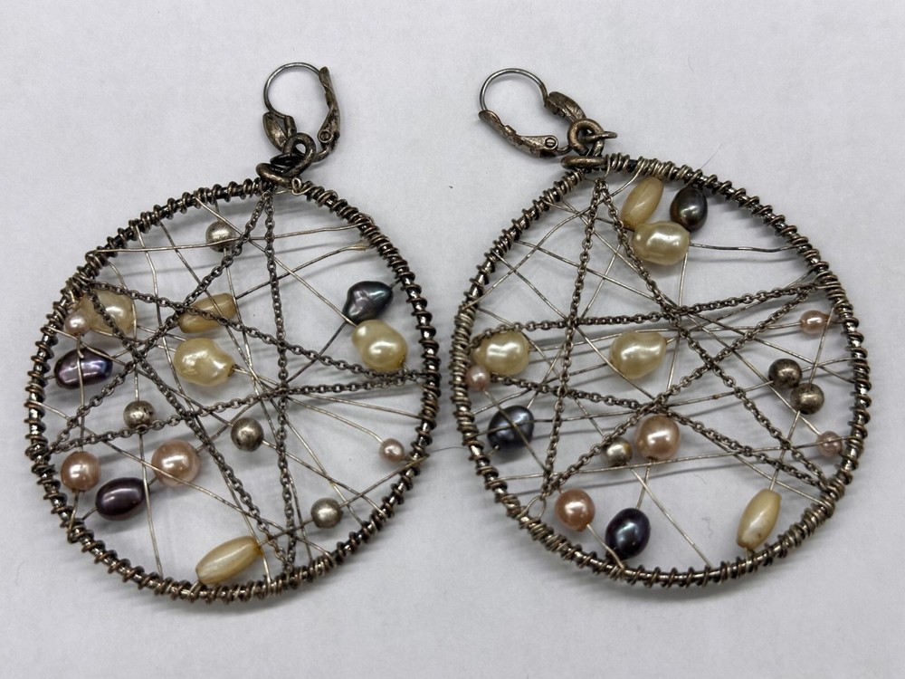 ESTATE SILVER TONE FAUX PEARL DREAM CATCHER LOOP HOOP WIRE DANGLE EARRINGS