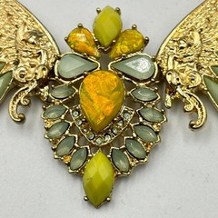 VTG Retro Gold Tone Phoenix Wing Necklace Sage Green & Amber Tone Boho Statement