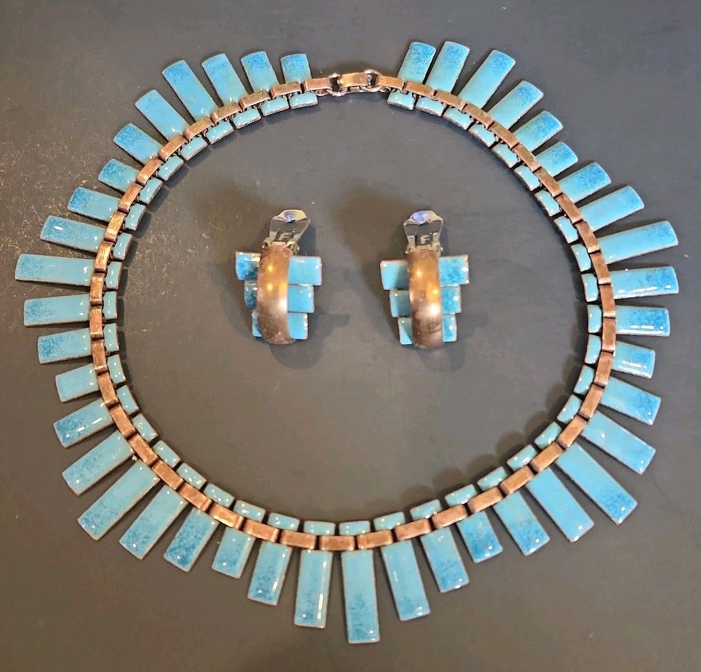 1950s Matisse Renoir ‘Peter Pan’ Blue Enamel Copper Necklace & Clip-on Earrings