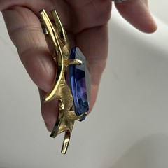 Atomic Blast Brooch Pin Signed BSK Gold Tone Blue Stone Starburst Vintage MCM