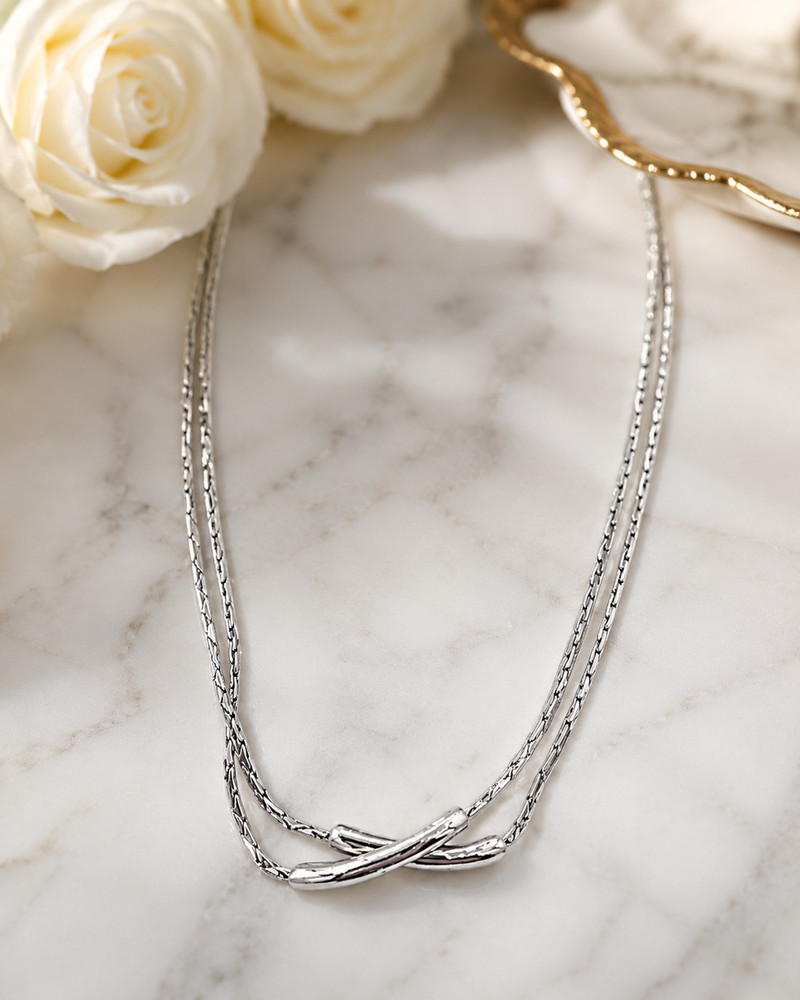 Vintage MONET Bar Necklace Braided Double Strand Silver Tone