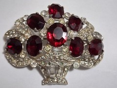 1930s red & clear rhinestone brooch, basket, flower bouquet, statement piece