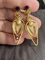 Vintage Hobe Clip Screw Earrings Openwork Filigree Faux Pearl Red Garnets Dangle