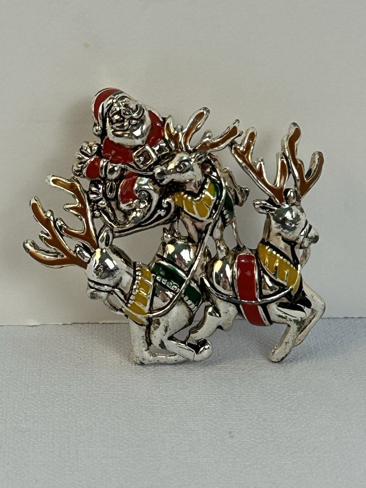 Vintage Santa Sleigh Brooch Reindeer Christmas Pin Enamel Holiday Cute
