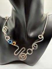 VTG Art Modern 925 Sterling Silver Multi Gemstone Necklace.38.6 Grams. 22.5”Long