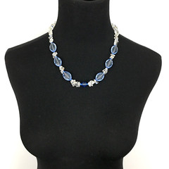 QUARTZ jewelry set – necklace & earrings -clear stone chips & blue glass beads