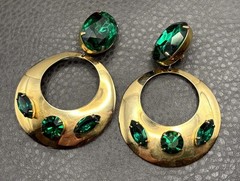 Massive Huge 80s Runway Vintage Green Crystal Dangle Hoop Statement Earrings