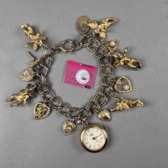 Vintage Kirks Folly Charm Bracelet Watch Angels Hearts Works! AS IS q3z