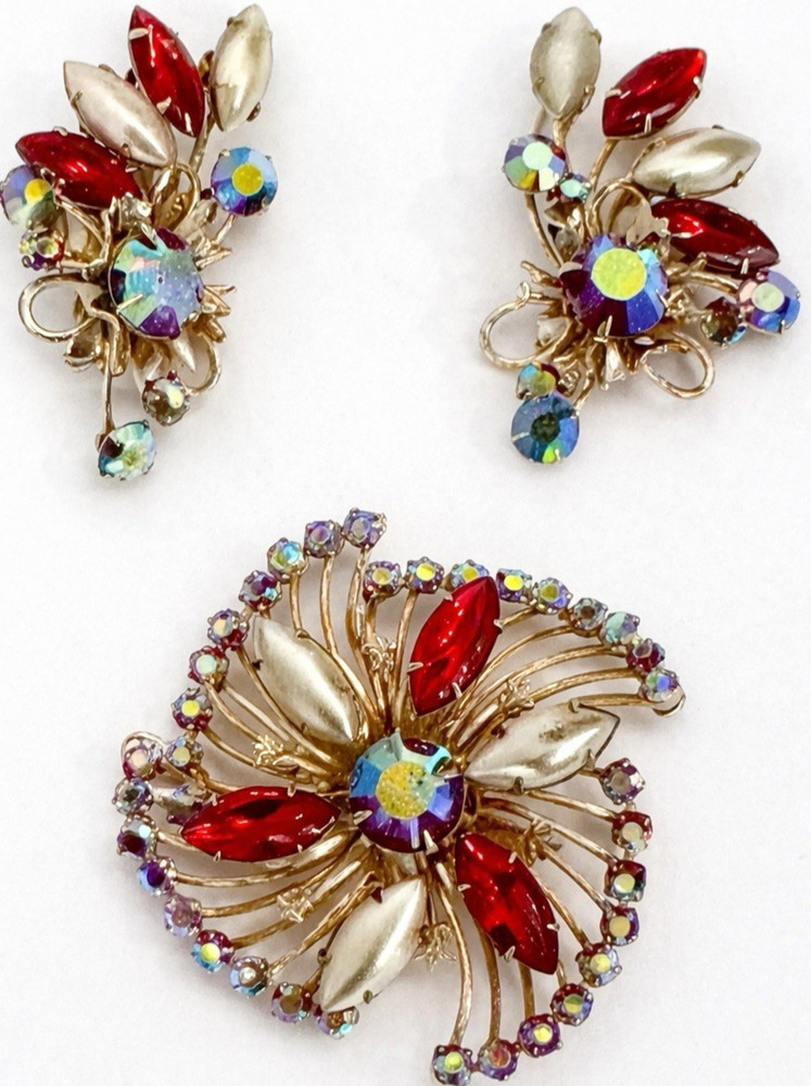 Vintage Atomic Brooch Earrings Set AB Rhinestone Red Navette Faux Pearl Gold