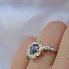 Art Deco Lab Created Diamonds ring with blue sapphire 14k White Gold Finish Ring