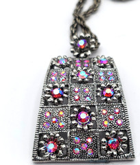 AB Rhinestone Pendant Necklace Aurora Borealis AB Gunmetal Windowpane Floral 28″