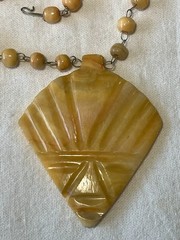 VTG Aztec Carved Orange Agate Tribal Necklace & Mask Pendant 28” Central Mexico