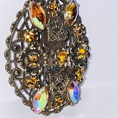 VINTAGE Gold Tone Filigree Amber Rhinestone Brooch AB Navette Statement