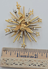 Vintage Angel Cherub Stars Mix Metal Rhinestone Starburst Brooch or Pendant 3″