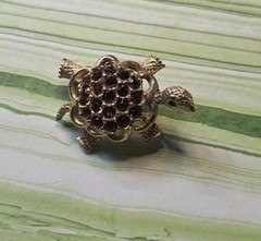 Adorable Green Eyed Turtle, Brown Rhinestone Back Goldtone Brooch