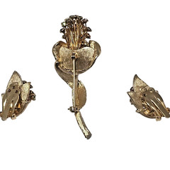 VTG Silver Frost w/Gold Tone Brooch & Earrings Set Flowers MultiColor Rhinestone