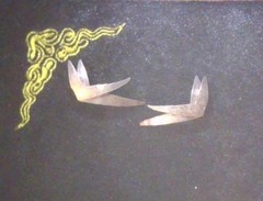 Vtg 1970s Brutalist Copper Brass Layered Wing Stud Earrings Modernist Studio Art