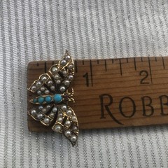 C1910 1920s Antique 15k / 15ct Gold Seed Pearl & Turquoise Butterfly Brooch Pin