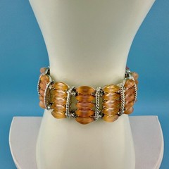 Vintage Bracelet Peach Pink Melon Frosted Lucite Thermoset Silver Tone Wide 6″