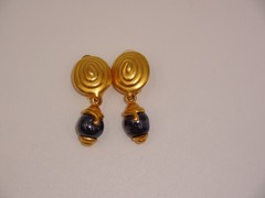 Vintage 1980s 1990s CH Carolina Herrera Gold Tone & Blue Clip On Earrings Marked