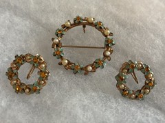 Vintage Blue Enamel Flower & Pearl Wreath Pin / Pendant and Earrings