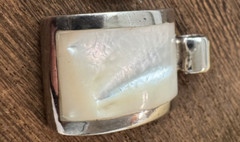 Vintage Modernist Sterling Silver Inlaid Flush Set Mother of Pearl Gem Pendant