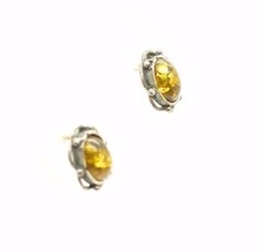 Vintage Sterling Silver Oval Amber Pierced Post Stud Earrings Scroll Framed