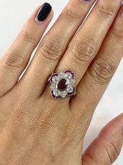 Art Deco Style Ruby & Lab Created Diamond Engagement 14K White Gold Finish Ring