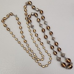 Vintage Glass Beaded Necklace Yellow Brown Faceted Silver Tone Caps 44″